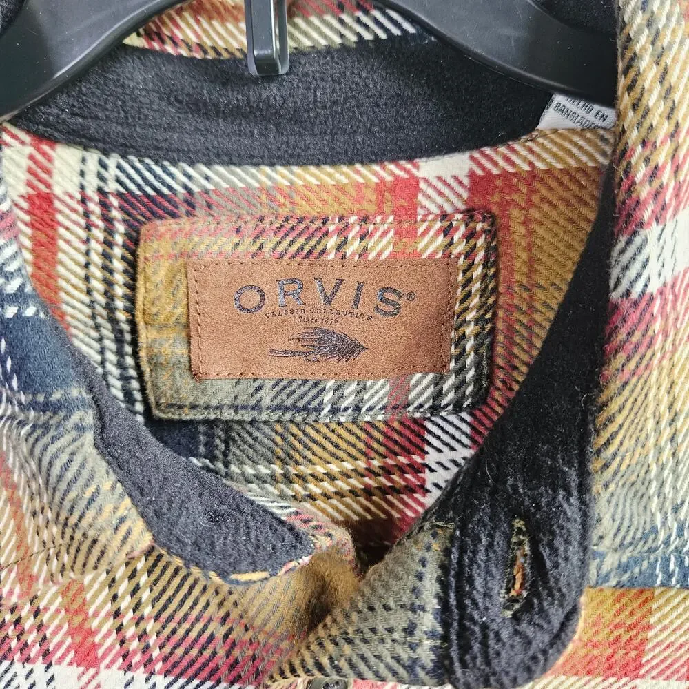Orvis Flannel Sweater Button UP Brown Red Plaid Print Size Medium Button Pockets